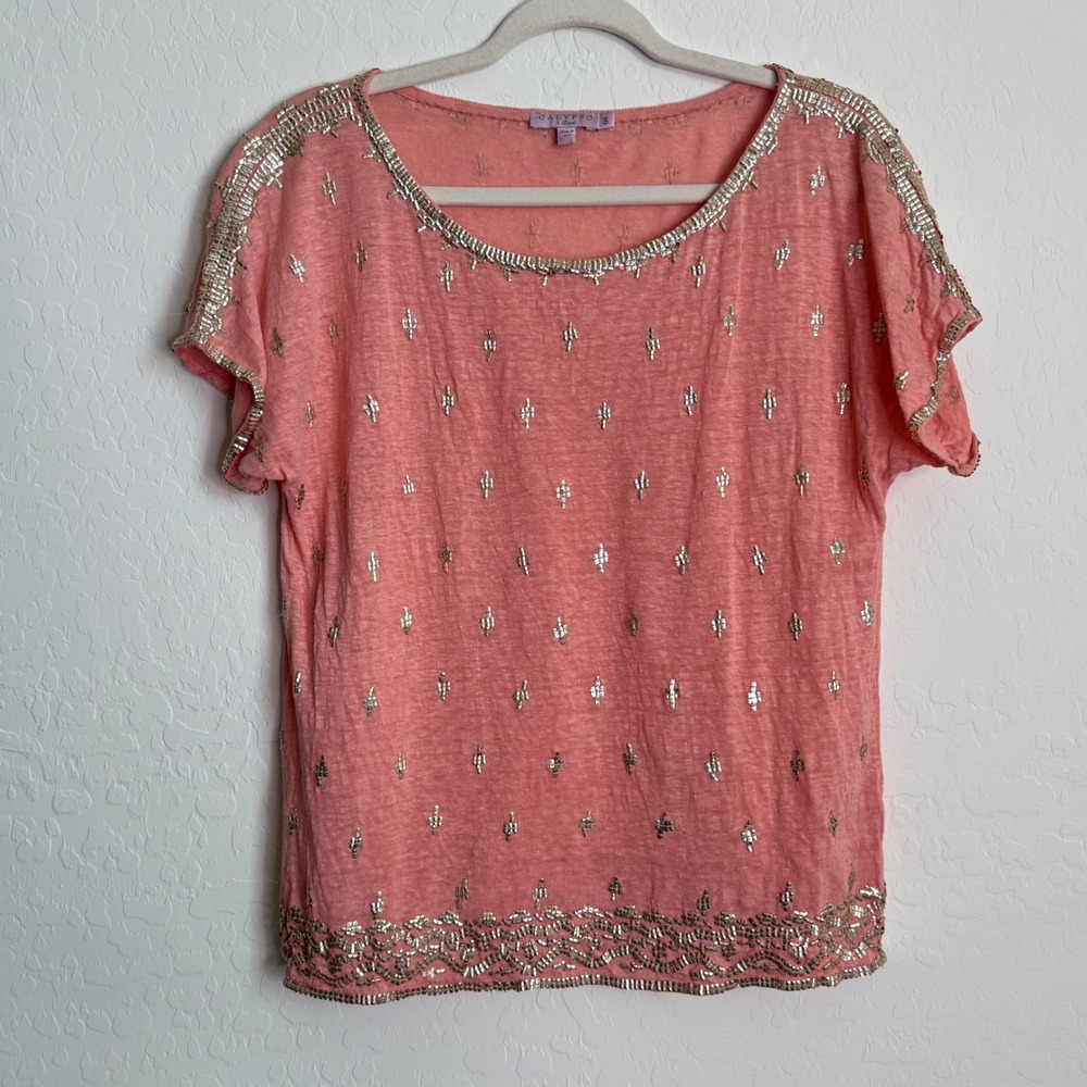 Calypso St Barth Womens Small Pink Beaded Linen‎ Knit Short Sleeve Top Boho
